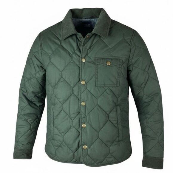 Frank & Oak Green Quilted Jacket Corduroy Collar Plaid Lining Snap Front M - Picture 2 of 8